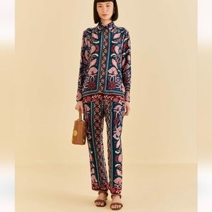 Farm Rio Teal Seashell Tapestry Cargo Pants